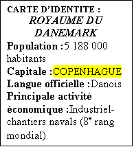 Zone de Texte: CARTE DIDENTITE :
ROYAUME DU DANEMARK
Population :5 188 000 habitants
Capitale :COPENHAGUE
Langue officielle :Danois
Principale activit conomique :Industriel-chantiers navals (8e rang mondial)
