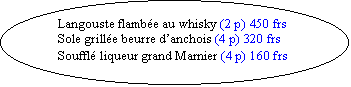 Ellipse: Langouste flambe au whisky (2 p) 450 frs
Sole grille beurre danchois (4 p) 320 frs
Souffl liqueur grand Marnier (4 p) 160 frs
